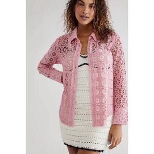 Free People Shirt Womens Small Pink Yesenia Shacket Casual Crochet Festival Top